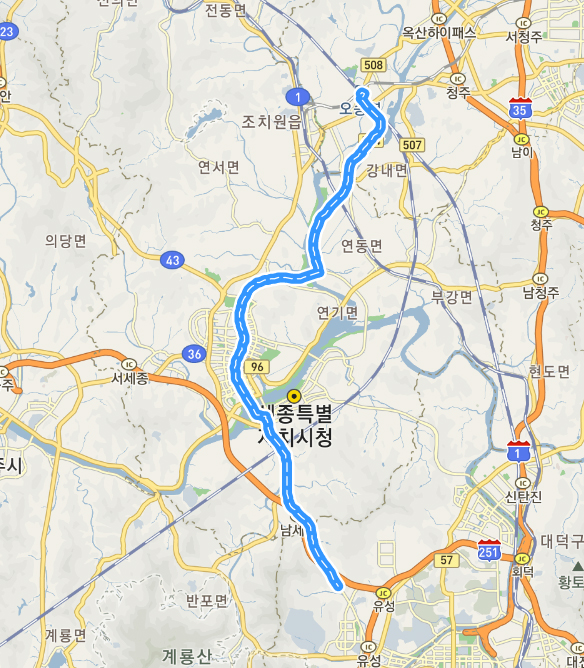 충청북도 오송~세종시 정부세종청사~대전시 반석 구간(31.2km)을 운행하는 990번 노선도(사진 출처=카카오맵)