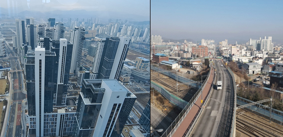 세종시 신도시인 행정중심복합도시 고층 아파트단지 모습(왼쪽)과 세종시 원도심의 상징이라고 할 수 있는 조치원읍내 모습의 일부(오른쪽).
