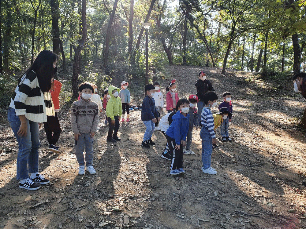 양지유치원 원아들이 학부모와 함께 숲 체험 활동을 하고 있다.