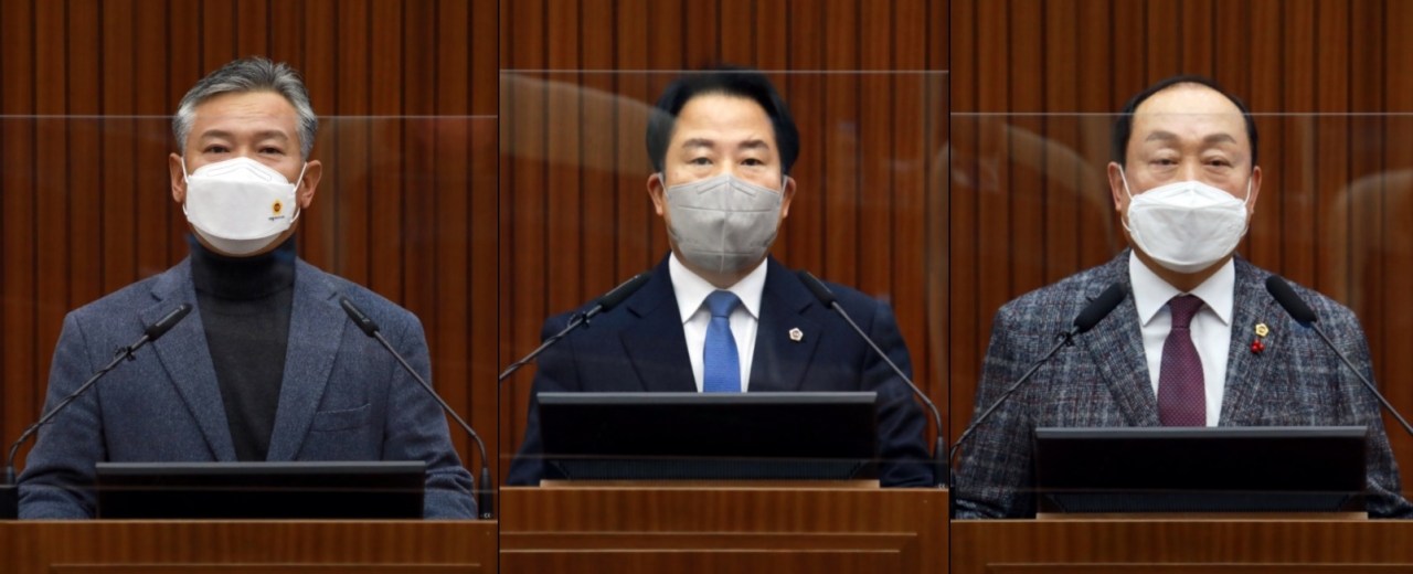 19일 세종시의회 제73회 임시회 본회의에서 5분 발언을 한 김원식상병헌이재현 의원(왼쪽부터)